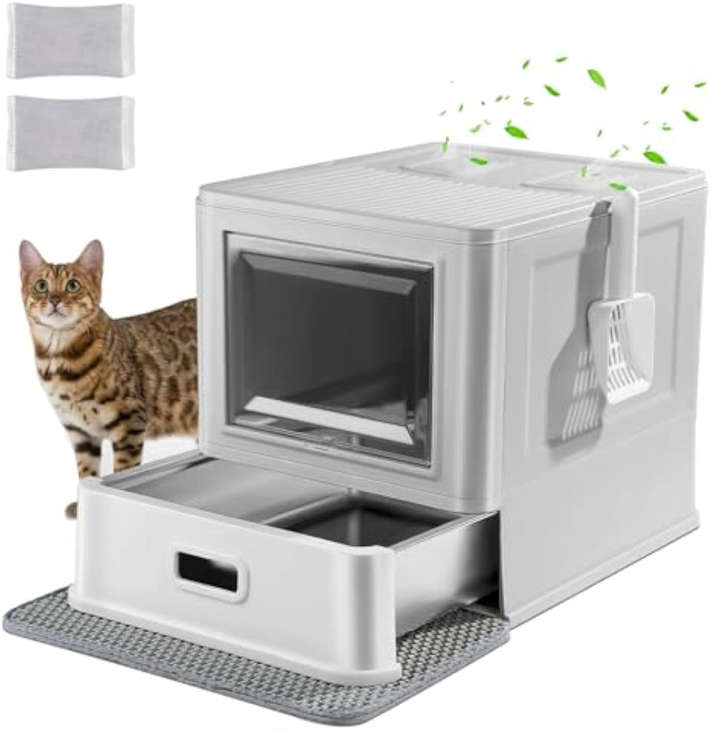 XL Enclosed Stainless Steel Cat Litter Box with Lid & Drawer
