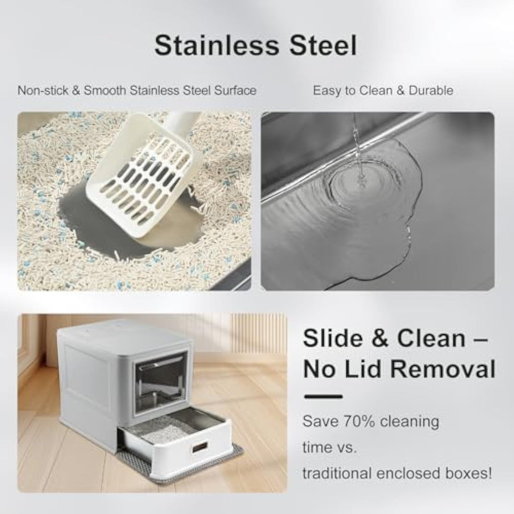 XL Enclosed Stainless Steel Cat Litter Box with Lid & Drawer
