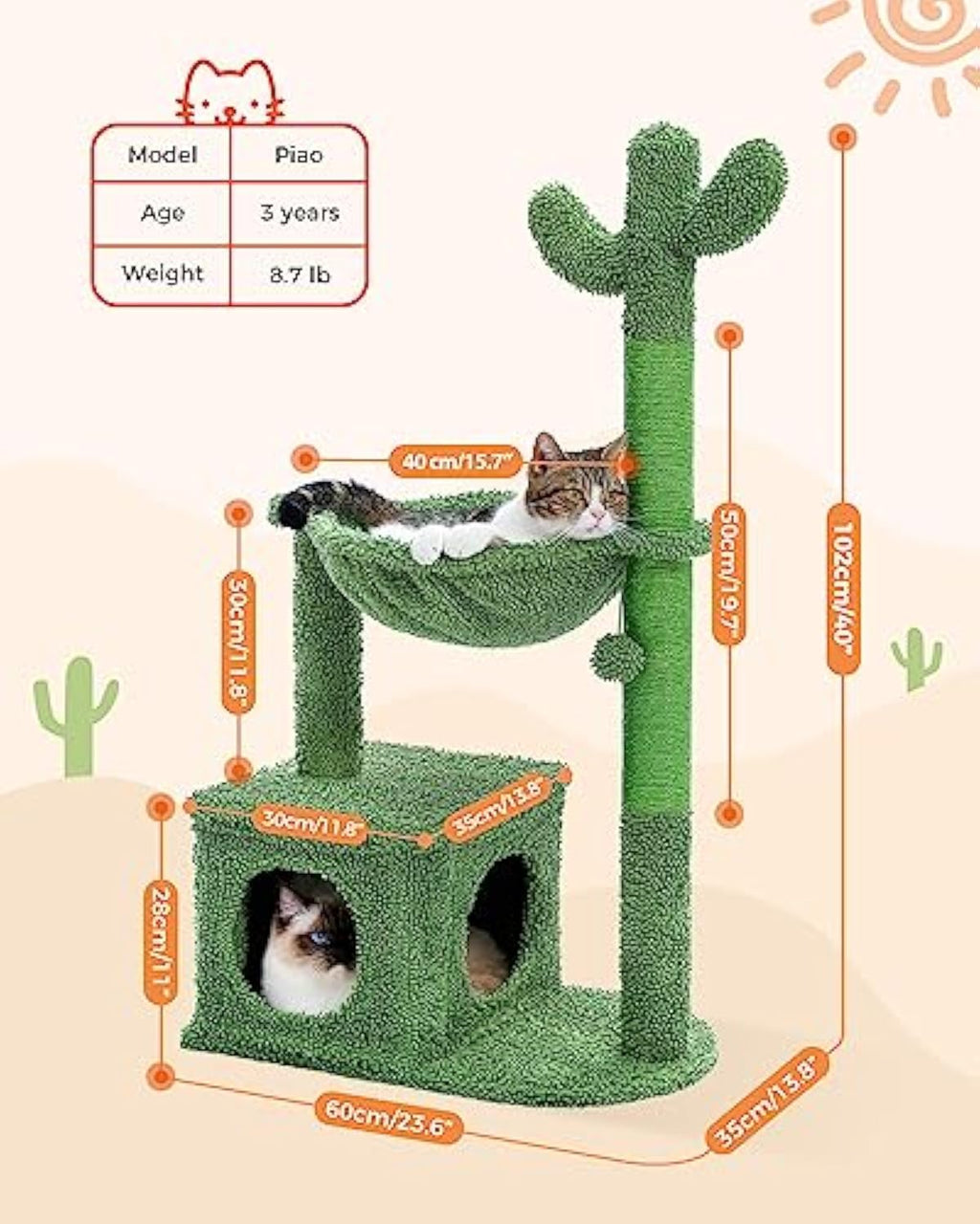 Cactus Cat Tree with Hammock & Scratching Posts – Cozy Condo for Indoor Cats