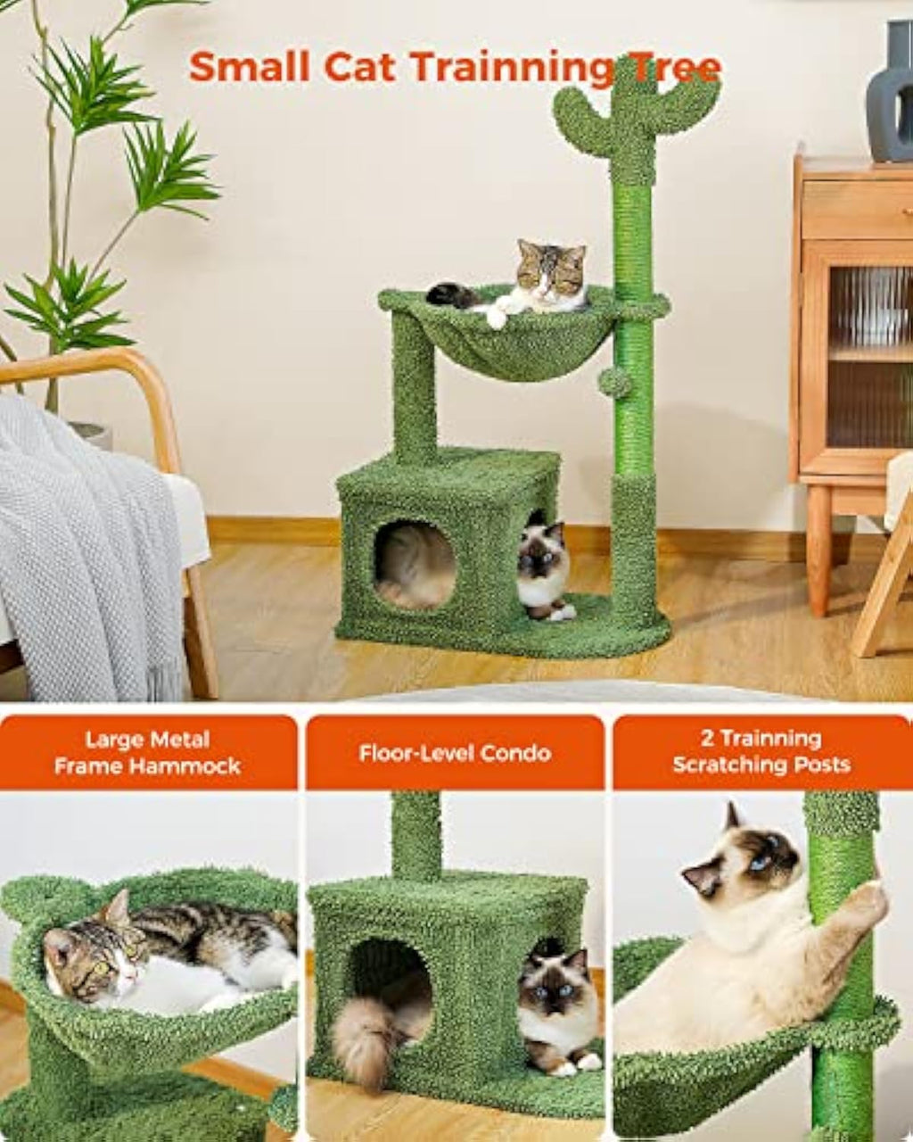 Cactus Cat Tree with Hammock & Scratching Posts – Cozy Condo for Indoor Cats